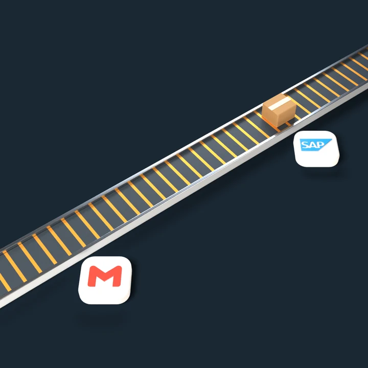 An order rides a conveyor past Gmail, Excel, WhatsApp and SAP and stops at each manual step. Excel and WhatsApp drop away and the next order runs straight into SAP.