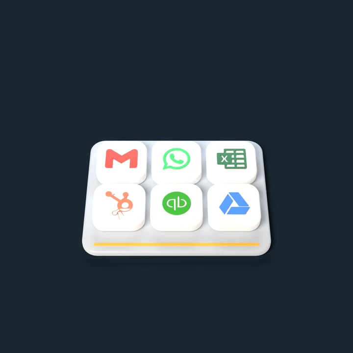 Gmail, WhatsApp, Excel, HubSpot, QuickBooks and Google Drive lie scattered, then click into place side by side on one base.
