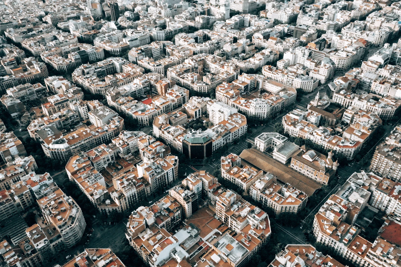 Tree-lined streets and rooftops in Barcelona’s Eixample district