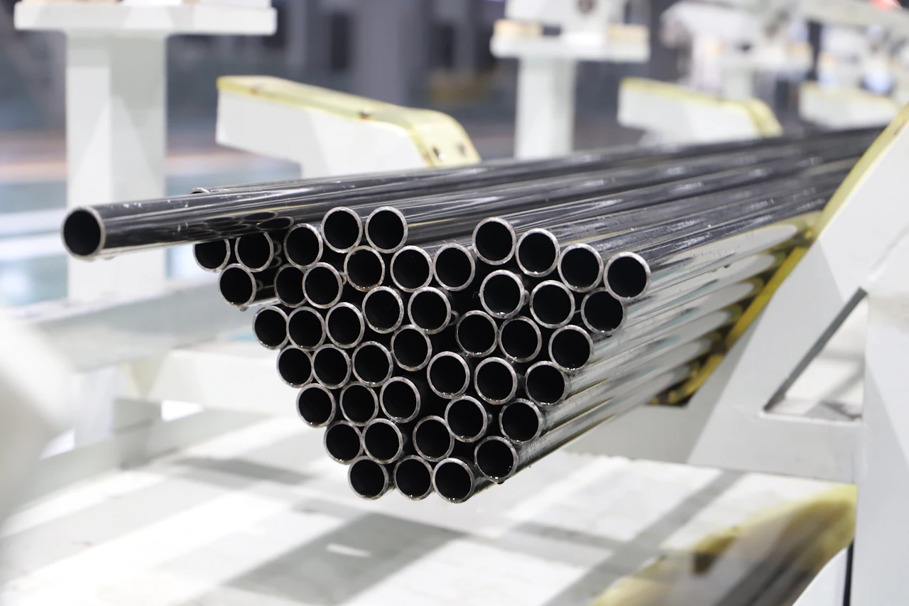Steel tubes stacked on a factory production line